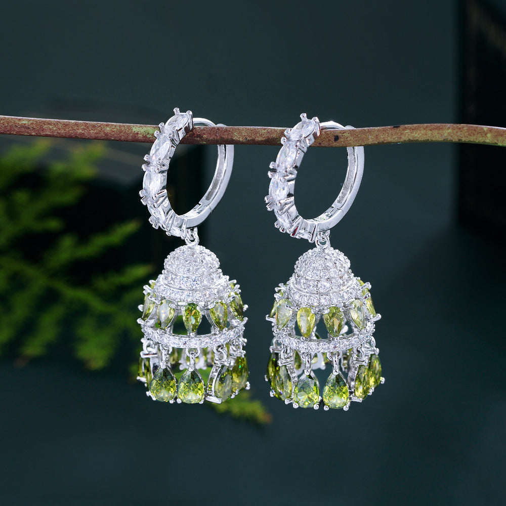 European Heavy Industry Luxurious Retro Court Style Zircon Earrings with Full-Diamond Tassels and Hollow Bell Chimes Hollow Ear Accessories