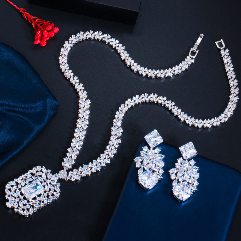 Korean-style bridal zircon necklace earrings and chain set for wedding banquet evening party and party wear set of jewelry
