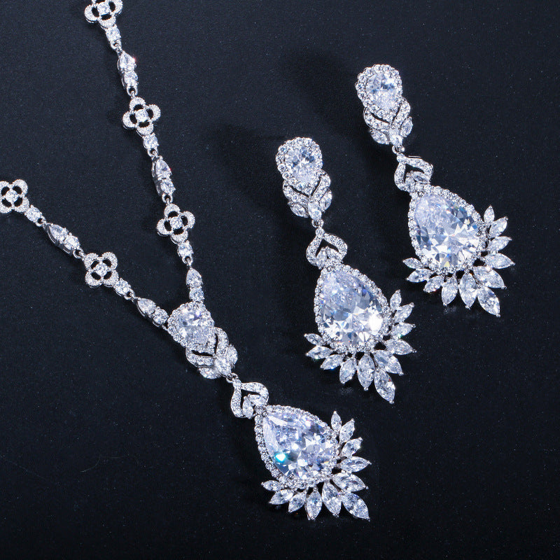 New bride's wedding dress zircon bracelet wedding jewelry necklace earrings two-piece set