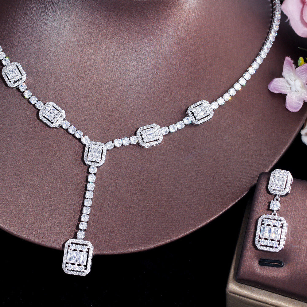 European and American bride jewelry set - dazzling zircon wedding necklace earrings two-piece chain evening gown dress wedding accessory set