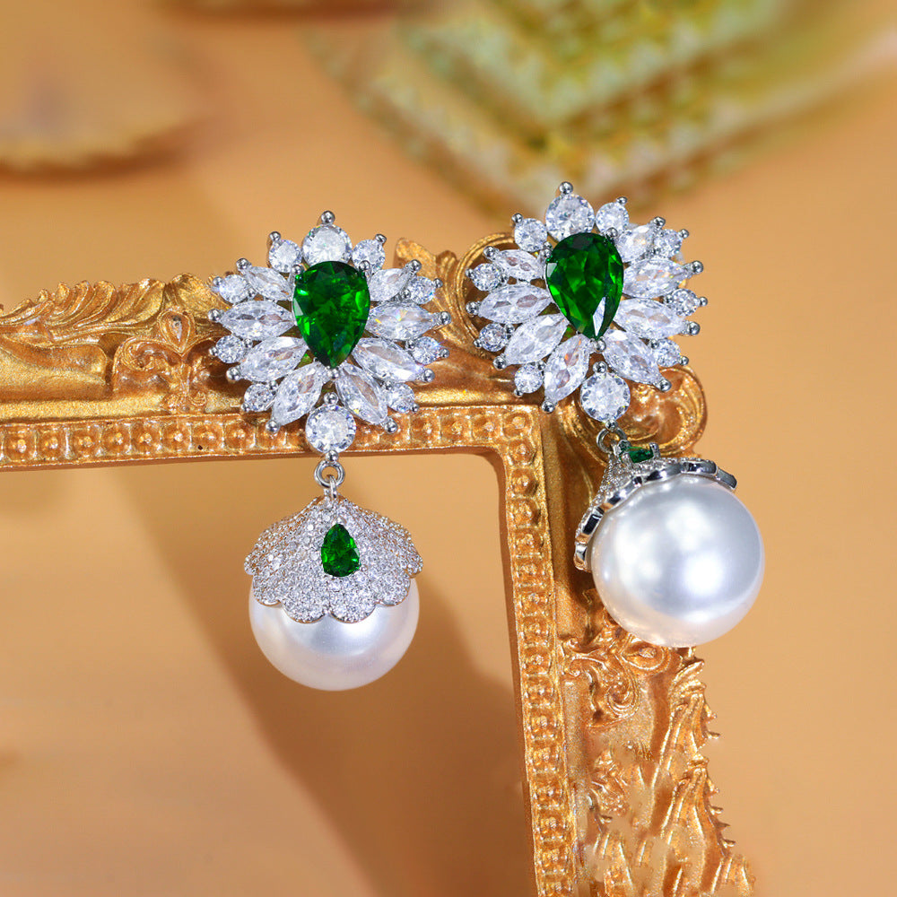 S925 silver filigree light luxury style vintage full-diamond flower pearl earrings dazzling emerald zircon ear accessories